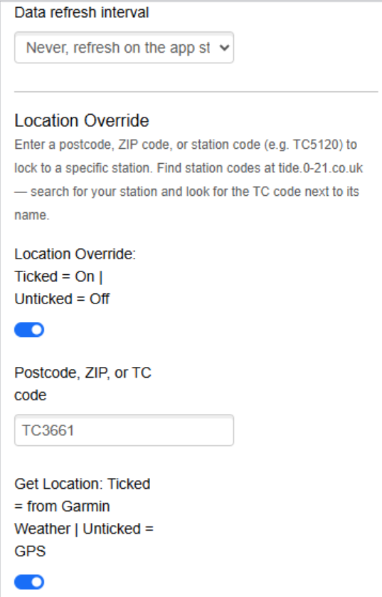 TideCast settings in Garmin Connect